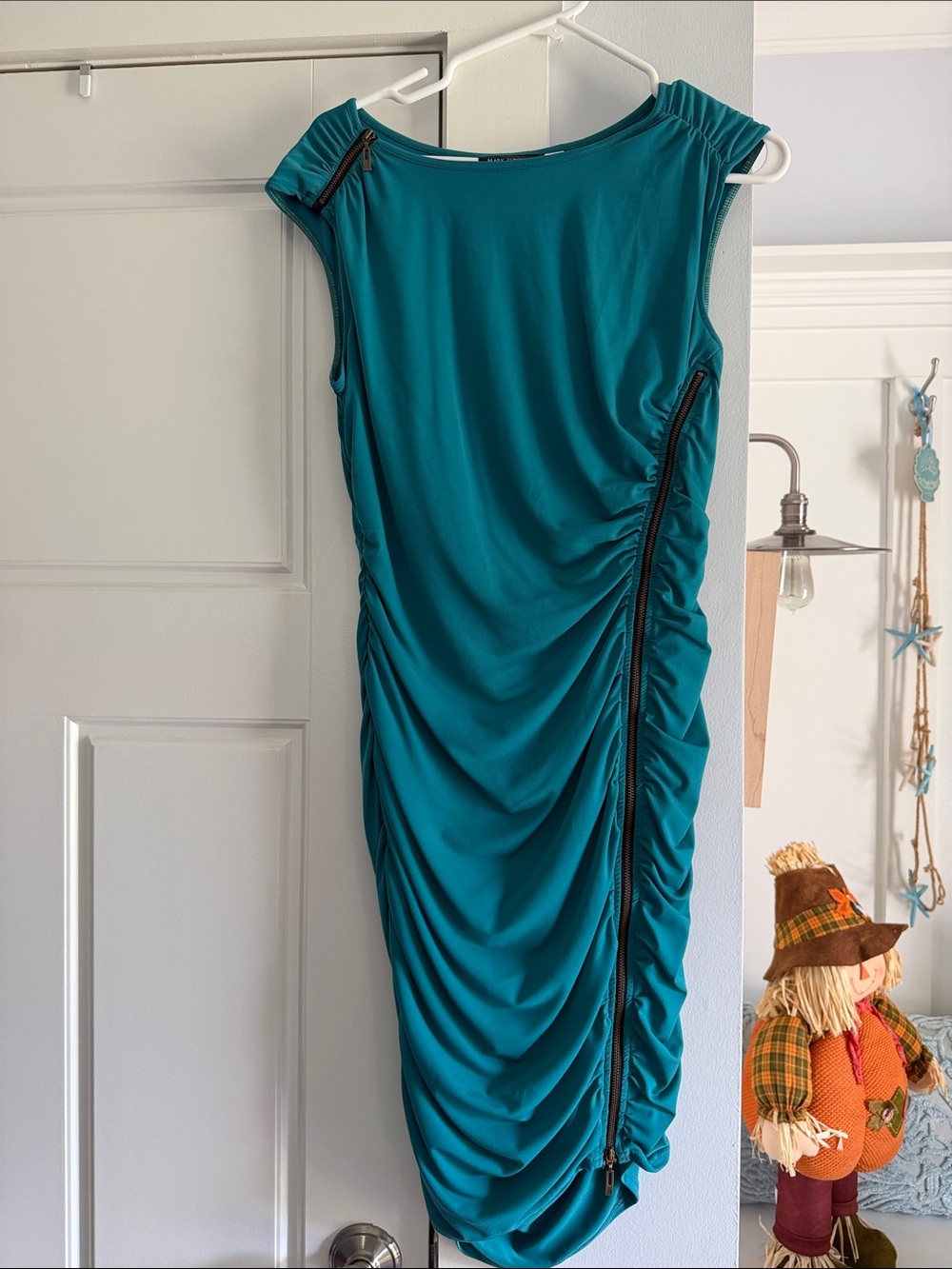 Ruched Teal Midi Dress with Zip Detail